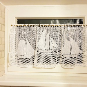 Vitorlás hajók-Horgolt fehér vitrázs függöny, Otthon & Életmód, Lakástextil, Függöny és kiegészítő, Vitrázs függöny, Csipkekészítés, Horgolás, MESKA