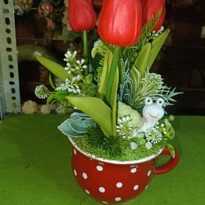 Piros pöttyös tavaszi asztaldísz - otthon & életmód - dekoráció - asztal és polc dekoráció - asztaldísz - Meska.hu