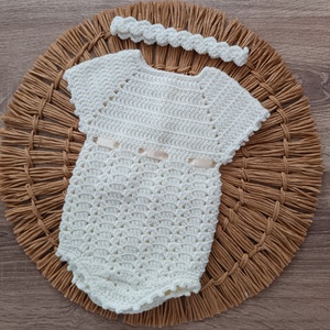 Horgolt body fejpánttal újszülött fotózásra , Baba - mama, Babafotózás, Szett újszülött fotózásra, Horgolás, MESKA