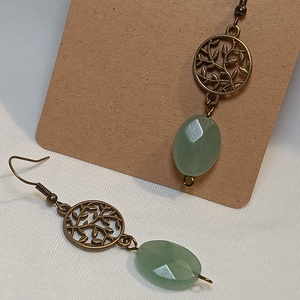 Díszes bronz fülbevaló aventurinnal, Ékszer, Fülbevaló, Lógó fülbevaló, Ékszerkészítés, Fémmegmunkálás, MESKA