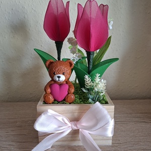 Örök tulipánbox macival - otthon & életmód - virágdekoráció - virágok - virágbox - Meska.hu