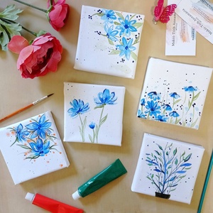 Egyedi mini, virágos, kék festmény a saját elképzelésed alapján, díszcsomagolásban, névvel, dátummal, egyéni felirattal - művészet - festmény - akril - Meska.hu