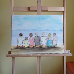 Családi festmény hátulról, parton ülő család- személyre szabható eredeti festmény, kérhető saját felirattal, Művészet, Festmény, Festmény vegyes technika, Festett tárgyak, Meska