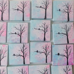 Esküvői köszönőajándékok mini fa szerelmes madárkákkal. Egyedi mini festmények a saját elképzelés szerint - esküvő - emlék & ajándék - köszönőajándék - Meska.hu