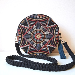 Körtáska, válltáska, geometrikus mintás valódi gobelin szövetből makramé vagy műbőr vállpánttal, Táska & Tok, Kézitáska & válltáska, Válltáska, Csomózás, Varrás, MESKA