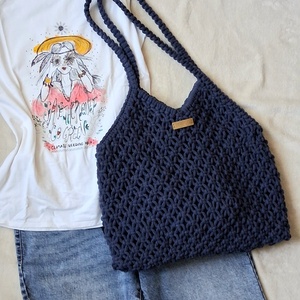 Farmerkék színű makramé táska, válltáska - Meska.hu