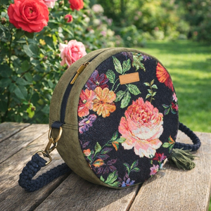 Zöld, rózsamintás körtáska, kőr alakú válltáska, valódi gobelin szövetből makramé vagy műbőr vállpánttal - táska & tok - kézitáska & válltáska - válltáska - Meska.hu