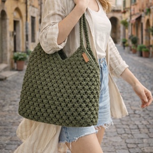 Keki színű makramé táska, válltáska, Táska & Tok, Kézitáska & válltáska, Válltáska, Csomózás, Varrás, MESKA