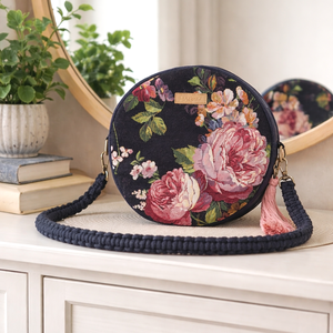 Fekete, rózsamintás körtáska, kőr alakú válltáska, valódi gobelin szövetből makramé vagy műbőr vállpánttal, Táska & Tok, Kézitáska & válltáska, Válltáska, Csomózás, Varrás, MESKA