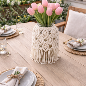  Makramé díszítés befőttes üveghez, natúr színben, mécsestartó, váza, Ünnepi díszek, dekorációk, Húsvéti díszek és dekorációk, Húsvéti asztaldíszek, Csomózás, MESKA