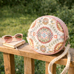 Körtáska, kis táska, válltáska, virágos gobelin szövetből makramé vállpánttal, Táska & Tok, Kézitáska & válltáska, Válltáska, Csomózás, Varrás, MESKA