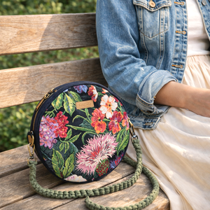 Szegfű körtáska, kör alakú válltáska, valódi gobelin szövetből, makramé vagy műbőr vállpánttal - táska & tok - kézitáska & válltáska - vállon átvethető táska - Meska.hu