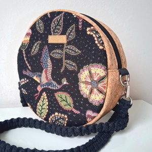 Parafa és valódi gobelin szövetből készült körtáska, kör alakú válltáska, makramé vagy műbőr vállpánttal, Táska & Tok, Kézitáska & válltáska, Válltáska, Csomózás, Varrás, MESKA