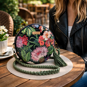 Szegfű körtáska, kör alakú válltáska, valódi gobelin szövetből, makramé vagy műbőr vállpánttal, Táska & Tok, Kézitáska & válltáska, Vállon átvethető táska, Csomózás, Varrás, MESKA