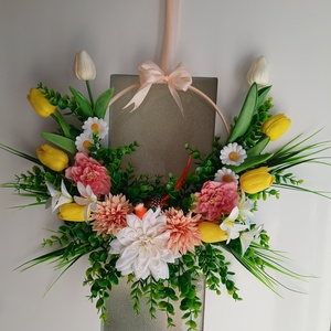 Tavaszi kopogtató , Otthon & Életmód, Dekoráció, Ajtó- és ablak dekoráció, Ajtódísz & Kopogtató, Virágkötés, MESKA