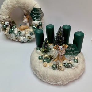 Ünnepi zöld adventi szett, Karácsony, Adventi díszek, Adventi asztaldísz, Mindenmás, Kedves őzikés szőrmés szett, a koszorúk alapja 25 cm. Az adventi koszorú led világítással rendelkez..., MESKA