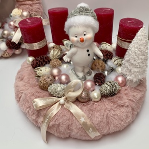 Rózsaszín alapú hóemberes szett - karácsony - adventi díszek - adventi asztaldísz - Meska.hu