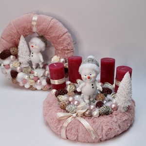 Rózsaszín alapú hóemberes szett - karácsony - adventi díszek - adventi asztaldísz - Meska.hu