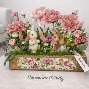 Tavaszi asztaldísz dekorládában nyuszi figurás, Otthon & Életmód, Virágdekoráció, Virágdíszek, Virágdísz kaspóban, Mindenmás, MESKA