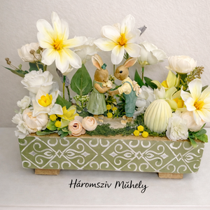 Tavaszi asztaldísz dekorládában nyuszi figurás, Otthon & Életmód, Virágdekoráció, Virágdíszek, Virágdísz kaspóban, Mindenmás, MESKA