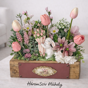 Tavaszi asztaldísz dekorládában tulipánt ölelő nyuszis, Otthon & Életmód, Virágdekoráció, Virágdíszek, Virágdísz kaspóban, Mindenmás, MESKA