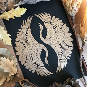 Gold Geese Linónyomat,/Linóprint, Művészet, Grafika & Illusztráció, Művészi nyomat, Fotó, grafika, rajz, illusztráció, MESKA