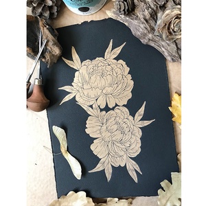 Gold Peony Linónyomat/Linóprint - művészet - grafika & illusztráció - művészi nyomat - Meska.hu