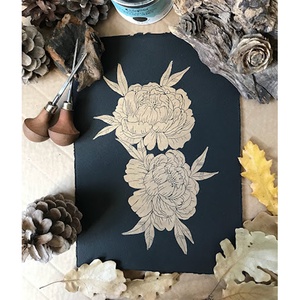 Gold Peony Linónyomat/Linóprint - művészet - grafika & illusztráció - művészi nyomat - Meska.hu