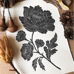 Peony Linónyomat, Linóprint - művészet - grafika & illusztráció - művészi nyomat - Meska.hu