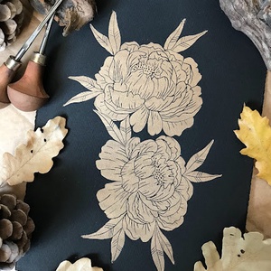 Gold Peony Linónyomat/Linóprint, Művészet, Grafika & Illusztráció, Művészi nyomat, Fotó, grafika, rajz, illusztráció, Mindenmás, MESKA