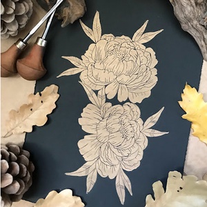 Gold Peony Linónyomat/Linóprint - művészet - grafika & illusztráció - művészi nyomat - Meska.hu