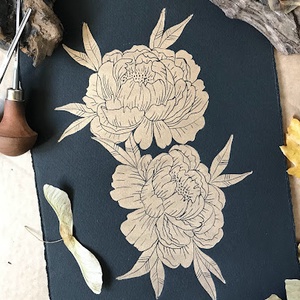 Gold Peony Linónyomat/Linóprint - művészet - grafika & illusztráció - művészi nyomat - Meska.hu