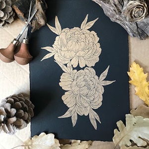 Gold Peony Linónyomat/Linóprint - művészet - grafika & illusztráció - művészi nyomat - Meska.hu