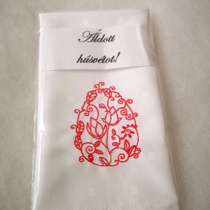 Húsvéti hímzett textil szalvéta - piros tojás - esküvő - dekoráció - tálalás - Meska.hu