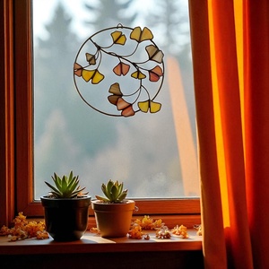 Ginkgo levélkoszorú - Fényfogó üveg ablakdísz - otthon & életmód - dekoráció - ajtó- és ablak dekoráció - ablakdísz - Meska.hu
