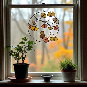 Ginkgo levélkoszorú - Fényfogó üveg ablakdísz - otthon & életmód - dekoráció - ajtó- és ablak dekoráció - ablakdísz - Meska.hu