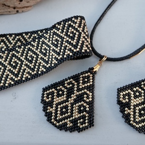 Gold-black karkötő,  fülbevaló és medál szett - ékszer - ékszerszett - Meska.hu