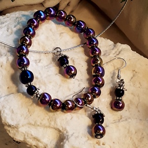 Hematit ékszerszett - karkötő + fülbevaló + medál - Szivárvány Kisasszony, Ékszer, Ékszerszett, Ékszerkészítés, Gyöngyfűzés, gyöngyhímzés, MESKA