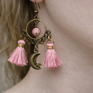 Boho fülbevaló evil eye-al, Ékszer, Fülbevaló, Csillár fülbevaló, Ékszerkészítés, Gyöngyfűzés, gyöngyhímzés, MESKA