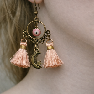 Boho fülbevaló evil eye-al , Ékszer, Fülbevaló, Csillár fülbevaló, Ékszerkészítés, Gyöngyfűzés, gyöngyhímzés, MESKA