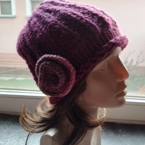 Bíbor vastag öko gyapjú női sapka kötött laza slouchy virággal - Meska.hu