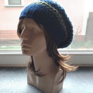 Sötétkék laza női barett sapka horgolt boho slouchy öko gyapjúból - ruha & divat - sál, sapka, kendő - sapka - Meska.hu