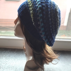Sötétkék laza női barett sapka horgolt boho slouchy öko gyapjúból - ruha & divat - sál, sapka, kendő - sapka - Meska.hu