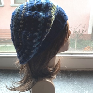 Sötétkék laza női barett sapka horgolt boho slouchy öko gyapjúból - ruha & divat - sál, sapka, kendő - sapka - Meska.hu