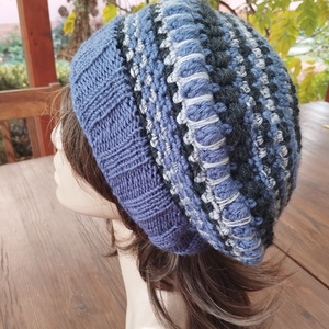 Barett horgolt kötött boho francia női sapka szürkés kék öko gyapjúból - ruha & divat - sál, sapka, kendő - sapka - Meska.hu