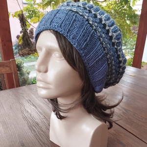 Barett horgolt kötött boho francia női sapka szürkés kék öko gyapjúból - ruha & divat - sál, sapka, kendő - sapka - Meska.hu