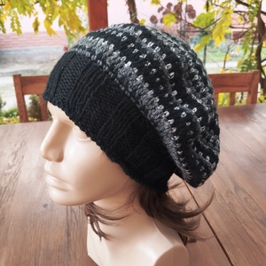 Fekete szürke laza női barett sapka horgolt boho slouchy öko gyapjúból - Meska.hu