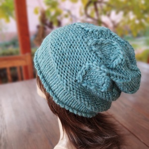 Türkiz leveles vastag oeko-tex gyapjú női sapka kötött laza slouchy - ruha & divat - sál, sapka, kendő - sapka - Meska.hu