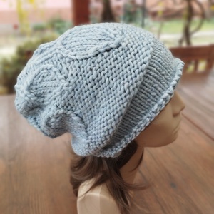 Halványkék leveles vastag öko gyapjú női sapka kötött laza slouchy - ruha & divat - sál, sapka, kendő - sapka - Meska.hu