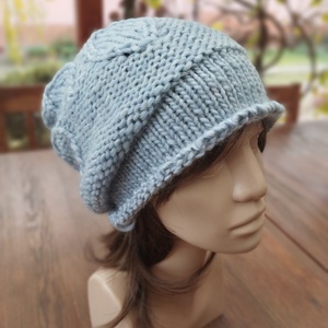 Halványkék leveles vastag öko gyapjú női sapka kötött laza slouchy - ruha & divat - sál, sapka, kendő - sapka - Meska.hu